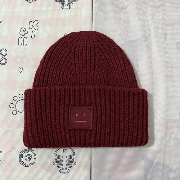 Acne Studios Embroidered Smiley Face Knit Hat Red - Picture 1 of 5